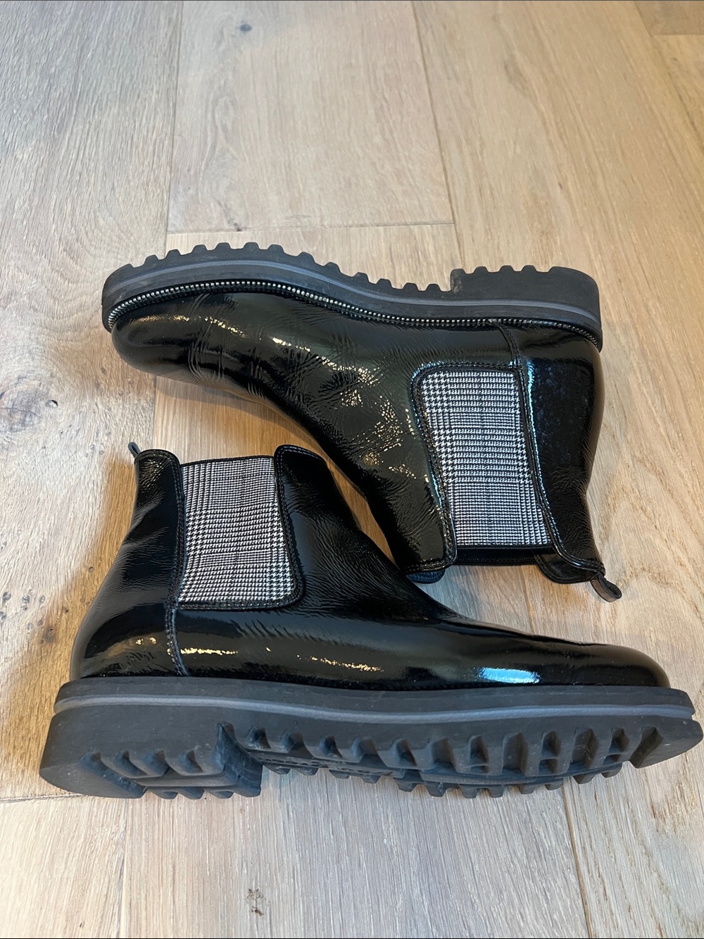 Paul Green Black Patent Chelsea Boots with Checked Elastic Panels